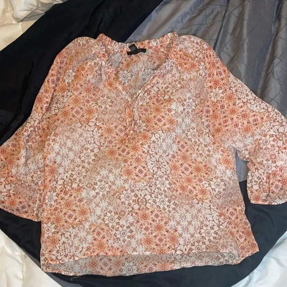 Forever 21 Orange Rust Brown Artsy 3/4 Sleeve Ruffle Drawstring Blouse - Size M - Picture 3 of 6